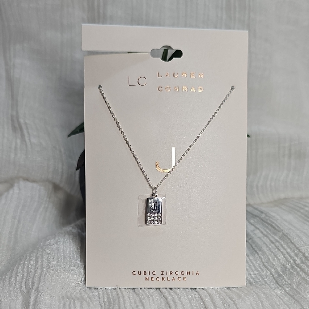 LC Lauren Conrad 16" Silvertone Playful Phone Cubic Zirconia J Initial Necklace